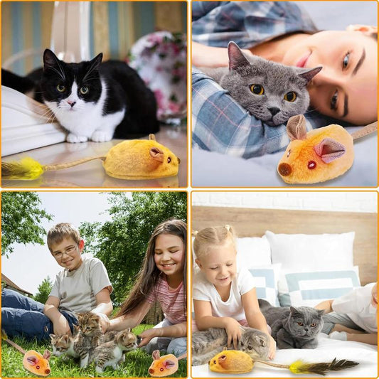 Cat Toy - USB Rechargeable LED Mouse with Feather Tail & Chirping Sound - Yellow