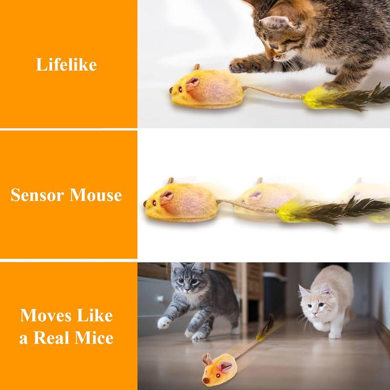 Cat Toy - USB Rechargeable LED Mouse with Feather Tail & Chirping Sound - Yellow