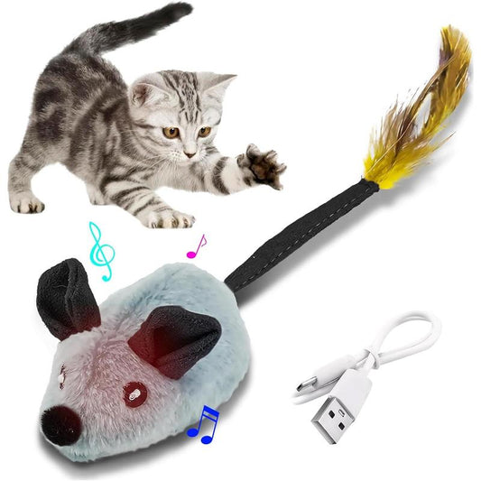 Cat Toy - USB Rechargeable LED Mouse with Feather Tail & Chirping Sound - Yellow