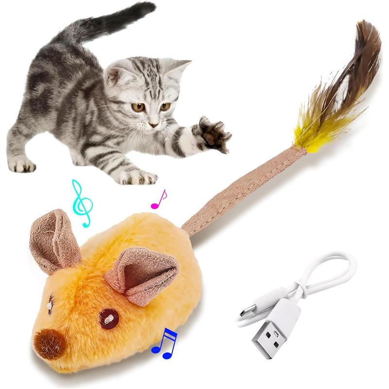 Cat Toy - USB Rechargeable LED Mouse with Feather Tail & Chirping Sound - Yellow