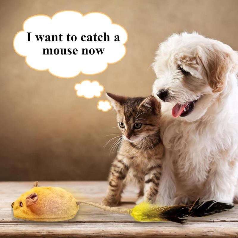 Cat Toy - USB Rechargeable LED Mouse with Feather Tail & Chirping Sound - Yellow