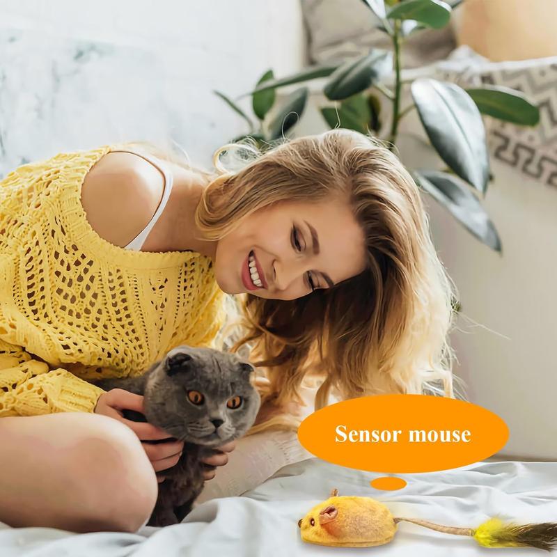 Cat Toy - USB Rechargeable LED Mouse with Feather Tail & Chirping Sound - Yellow