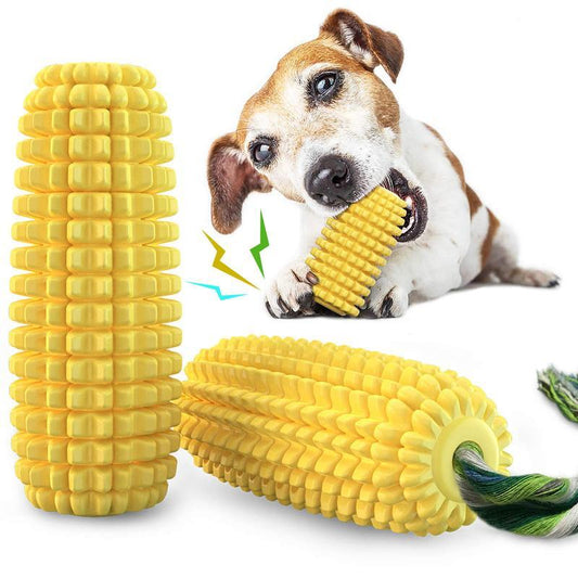 Dog Chew Toy - TPR Squeaky Corn Stick Rope - Yellow