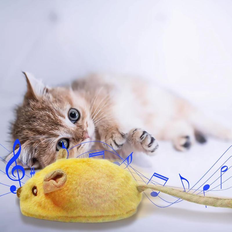 Cat Toy - USB Rechargeable LED Mouse with Feather Tail & Chirping Sound - Yellow